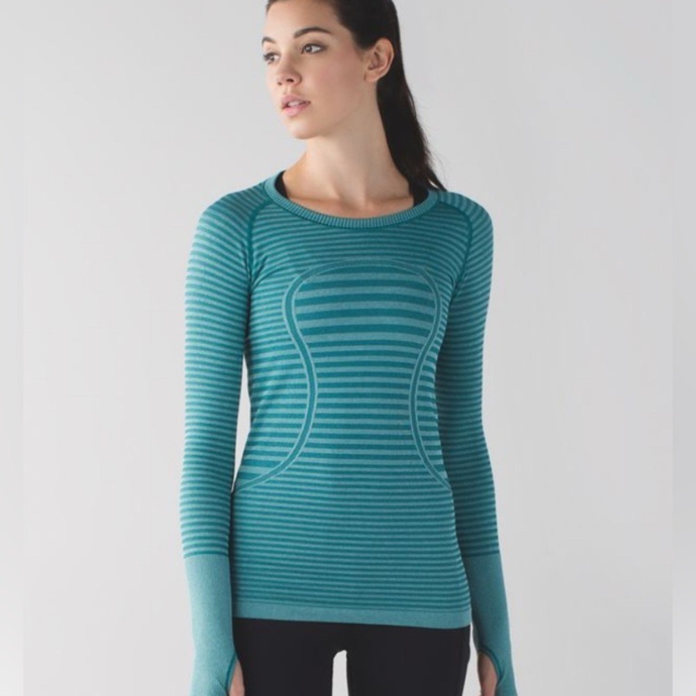 Lululemon Swiftly Tech Long Sleeve Crew Teal Blue Green Striped Running Top 4